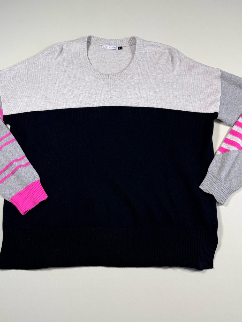 Zaket & Plover XL Cotton Cashmere Blend Colorblock Sweater Gray Black Pink